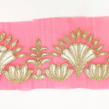 Pink Tissue Fabric Lace Trim with Gota Patti Embroidery, Foiled Embroidery in Silver, Sari Border Trim By Yard Decorative Trim Craft Lace